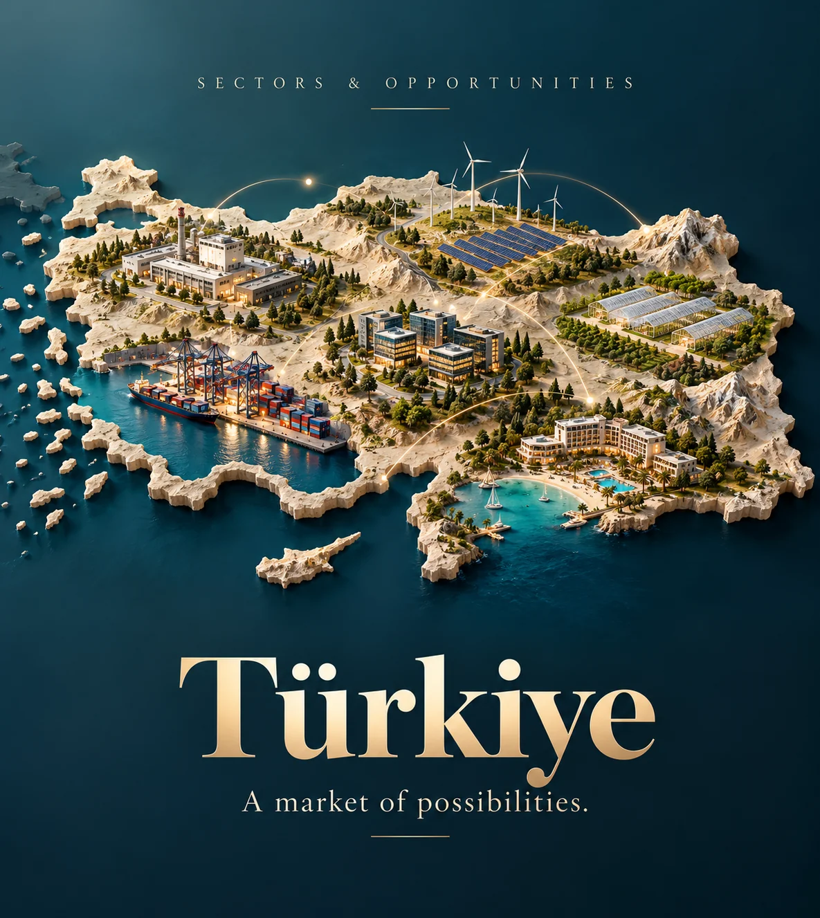 Türkiye’de sanayi, enerji, tarım, lojistik ve turizm temalı illüstrasyon